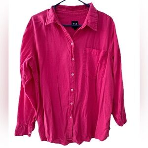 Lot 2 GAP Women’s Linen Blend Shirt L Pink And Striped Long Sleeve Button Up